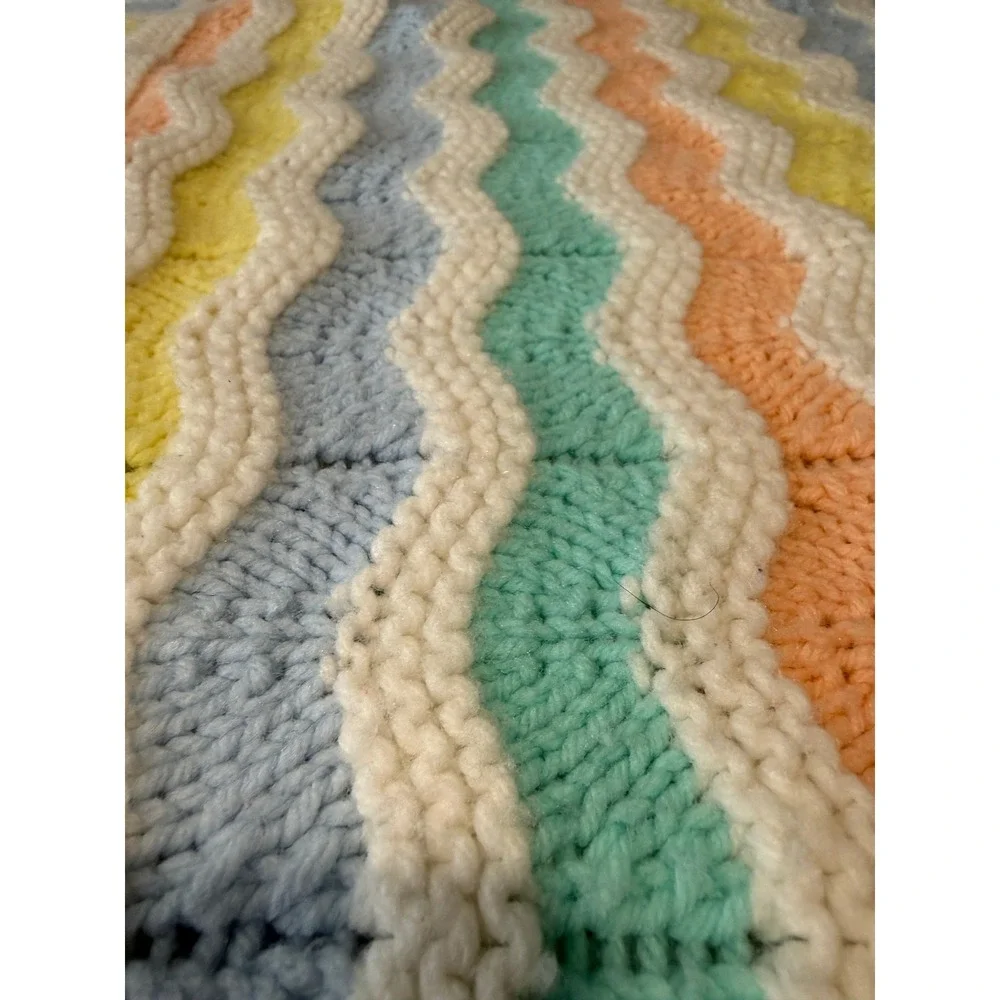 Handmade Pastel Chevron Knit Baby Blanket Blue‎ Yellow 37 x 37 Afghan VTG ZigZag
